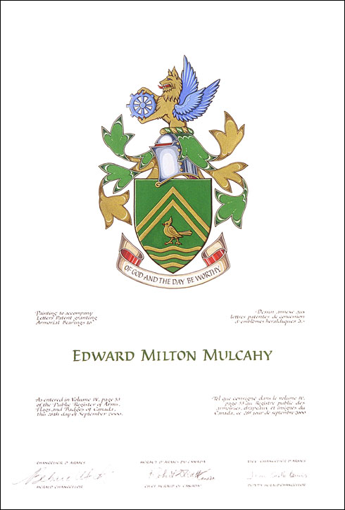 Lettres patentes concédant des emblèmes héraldiques à Edward Milton Mulcahy