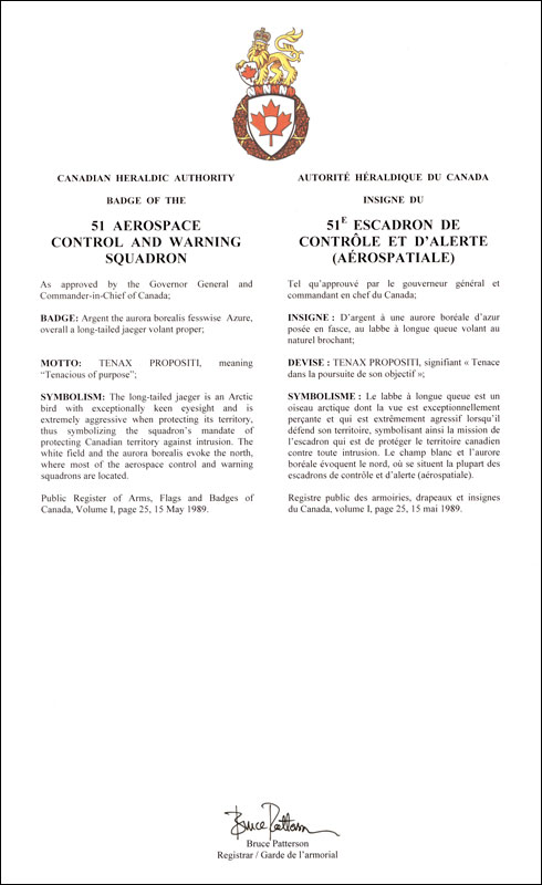 Lettres patentes approuvant l’insigne du 51e Escadron de contrôle et d'alerte (Aérospatiale)