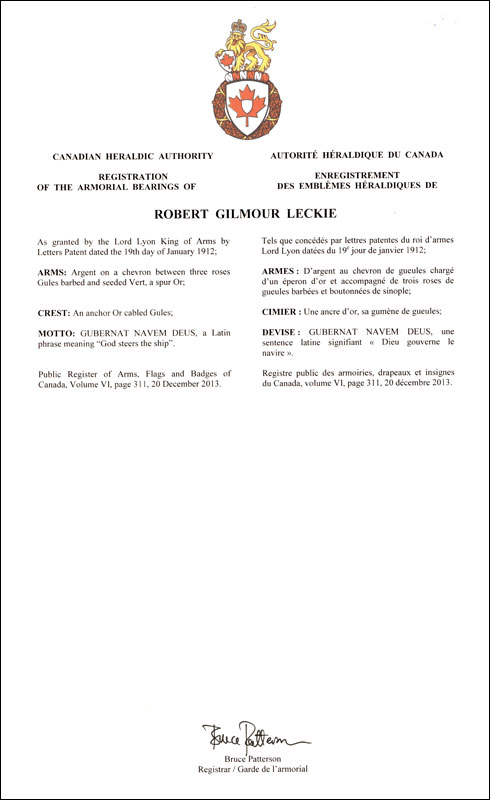 Lettres patentes enregistrant les emblèmes héraldiques de Robert Gilmour Leckie