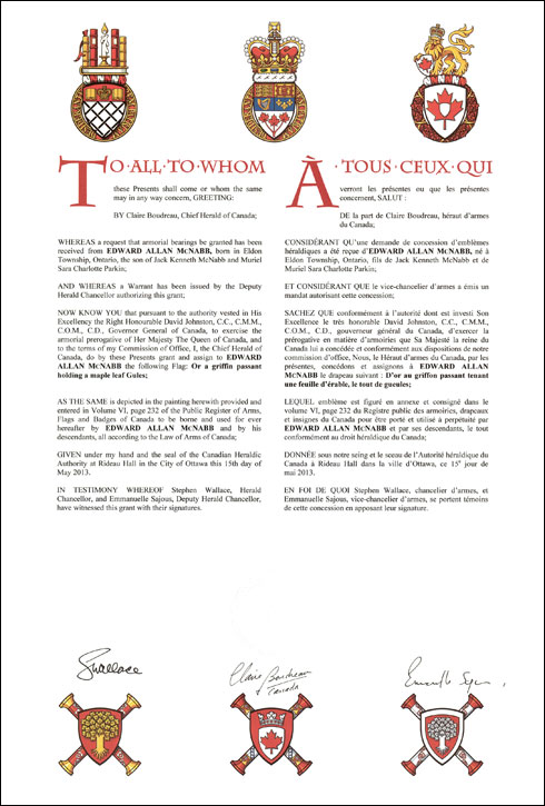 Lettres patentes concédant un drapeau à Edward Allan McNabb