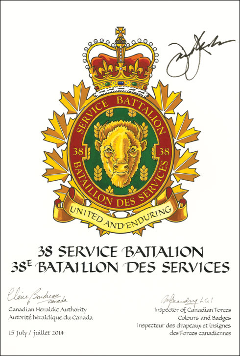 Lettres patentes approuvant l’insigne du 38e Bataillon des services