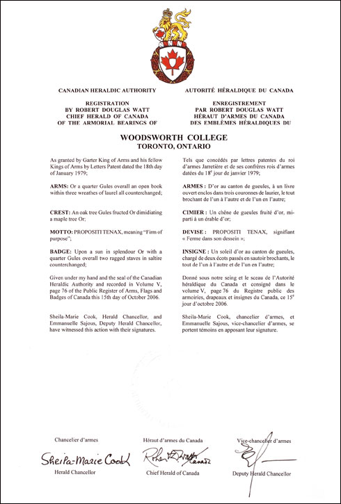 Lettres patentes enregistrant les emblèmes héraldiques du Woodsworth College