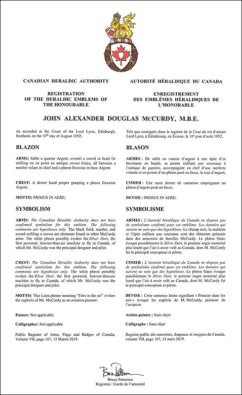 Lettres patentes enregistrant les emblèmes héraldiques de John Alexander Douglas McCurdy