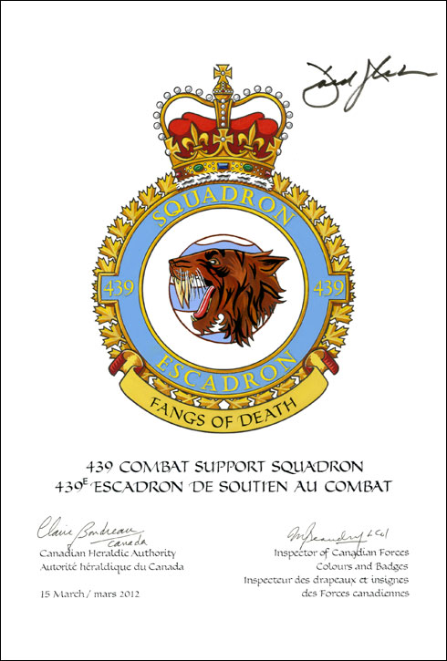 Lettres patentes confirmant le blasonnement de l'insigne du 439e Escadron de soutien au combat