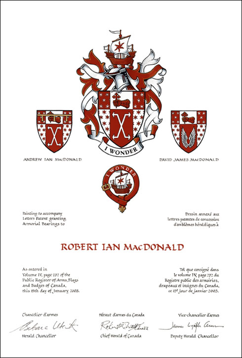 Letters patent granting heraldic emblems to Robert Ian MacDonald