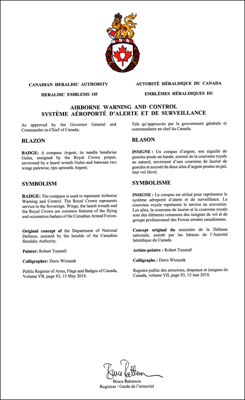 Letters patent approving the heraldic emblems of Airborne Warning and Control of the Canadian Armed Forces