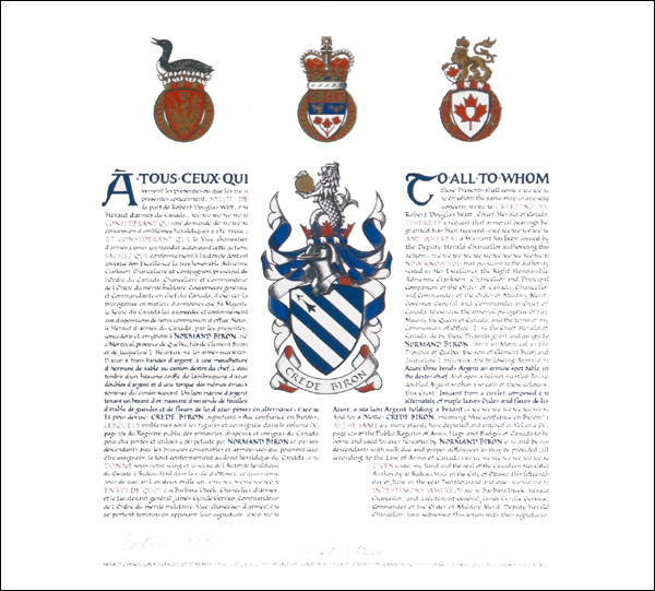 Letters patent granting heraldic emblems to Normand Biron