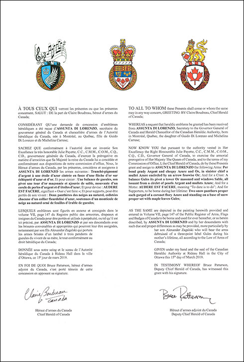 Letters patent granting heraldic emblems to Assunta Di Lorenzo