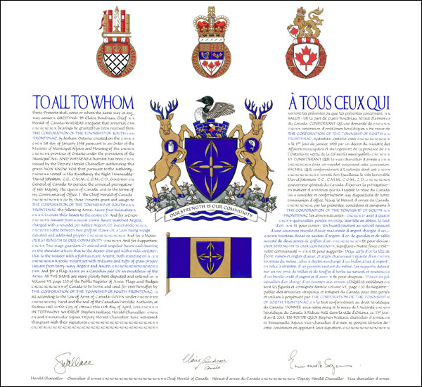 Lettres patentes concédant des emblèmes héraldiques à The Corporation of the Township of South Frontenac