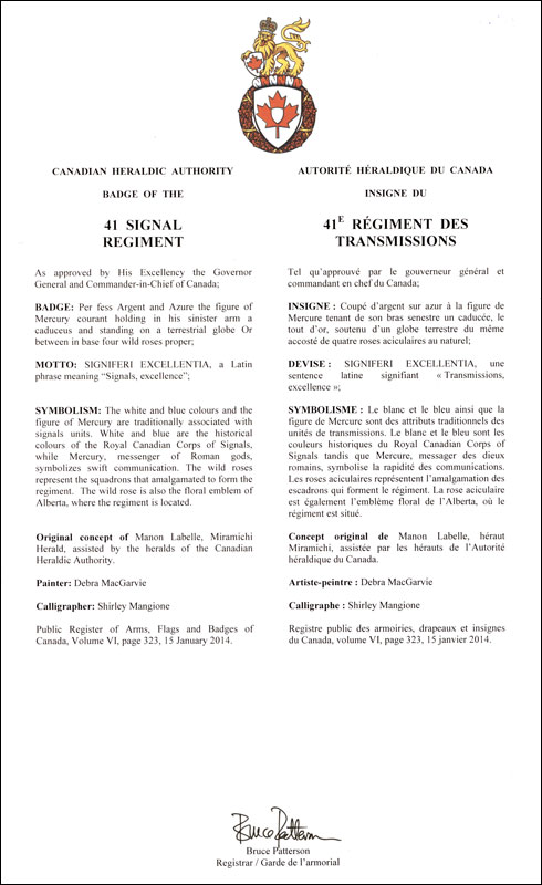 Letters patents approving the Badge of the 41 Signal Regiment