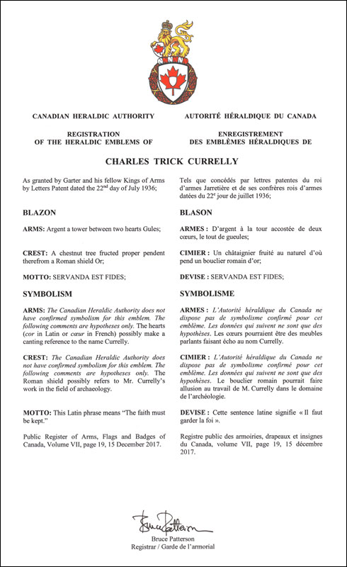 Letters patent registering the heraldic emblems of Charles Trick Currelly