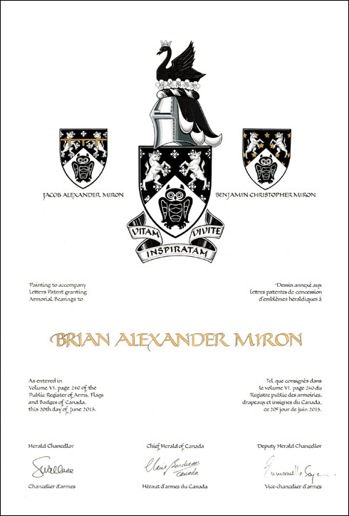 Lettres patentes concédant des emblèmes héraldiques à Brian Alexander Miron