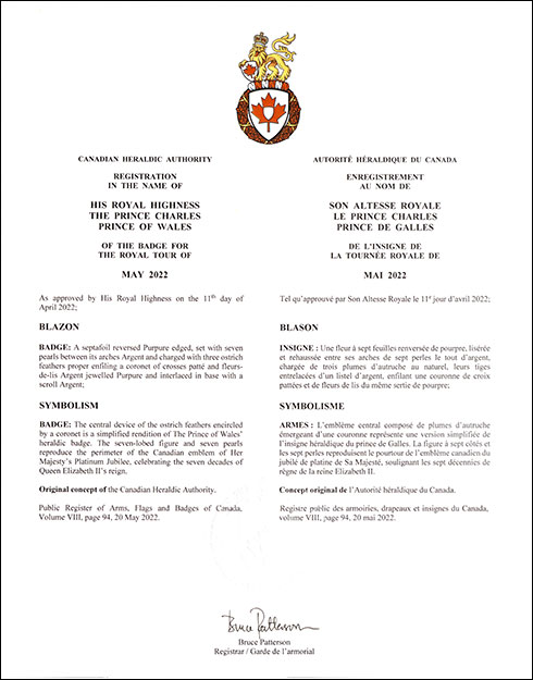 Lettres patentes enregistrant les emblèmes héraldiques de la tournée royale de Son Altesse Royale le Prince de Galles