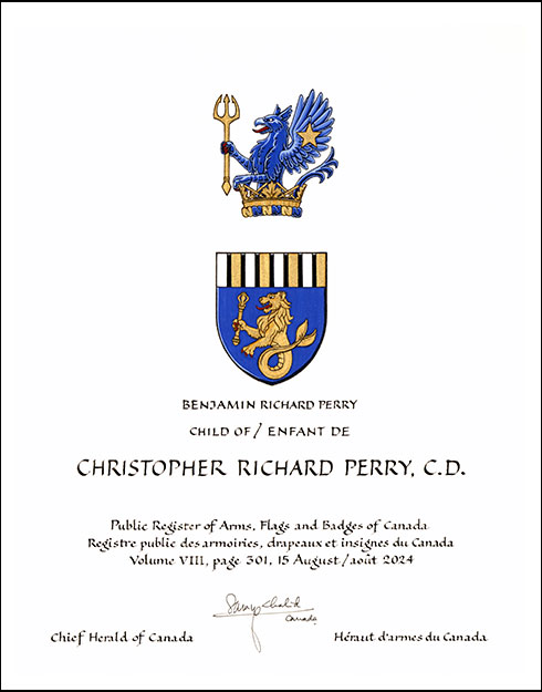 Letters patent granting heraldic emblems to Christopher Richard Perry