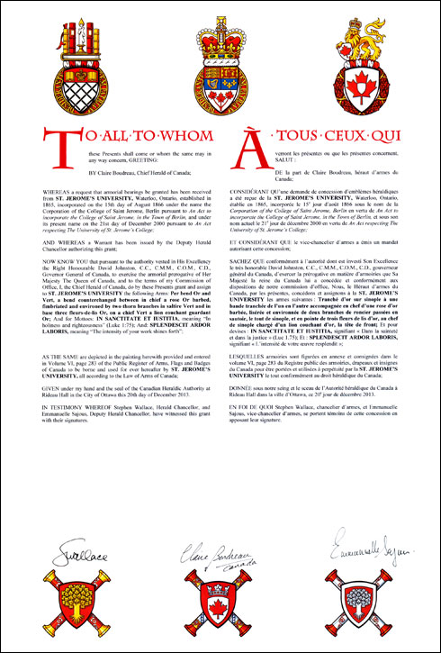 Letters patent granting heraldic emblems to St. Jerome's University