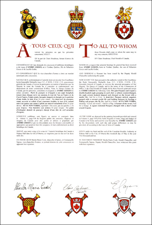Letters patent granting heraldic emblems to André Gozzo