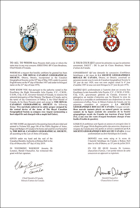 Lettres patentes concédant des emblèmes héraldiques à la Société géographique royale du Canada