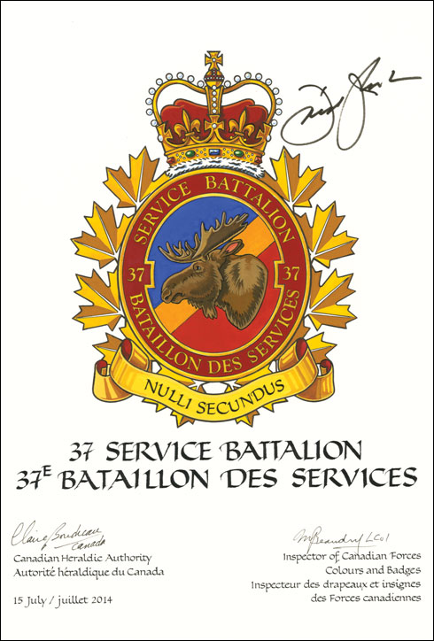 Lettres patentes approuvant l’insigne du 37e Bataillon des services