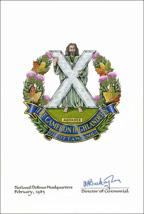 Letters patent confirming the blazon of the Badge of The Cameron Highlanders of Ottawa