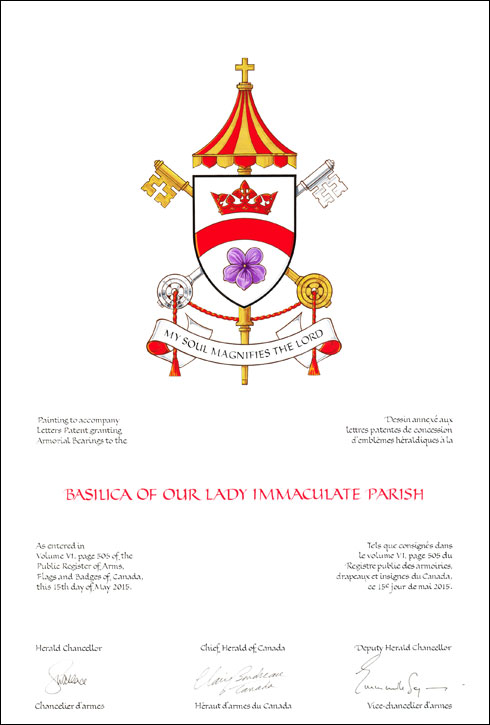Letters patent granting heraldic emblems to the Basilica of Our Lady Immaculate Parish