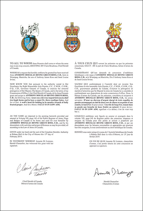 Letters patent granting heraldic emblems to Anthony Douglas Irvine Greco Ross