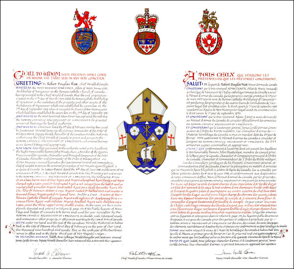 Letters patent granting heraldic emblems to the Roman Catholic Archbishop of Vancouver