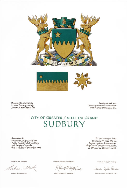 Letters patent granting heraldic emblems to the City of Greater Sudbury
