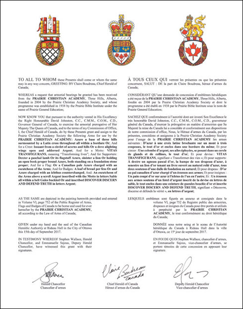 Lettres patentes concédant des emblèmes héraldiques à la Prairie Christian Academy Society