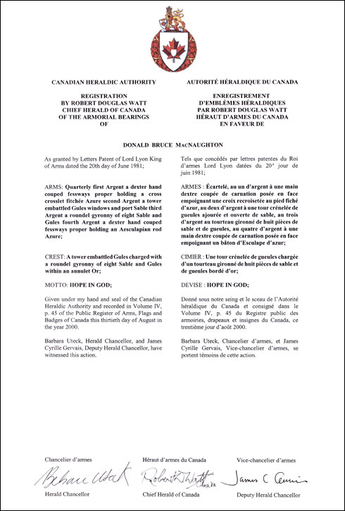Letters patent registering the heraldic emblems of Donald Bruce MacNaughton