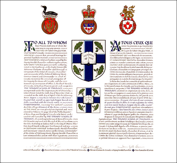 Letters patent granting heraldic emblems to The Toronto School of Theology