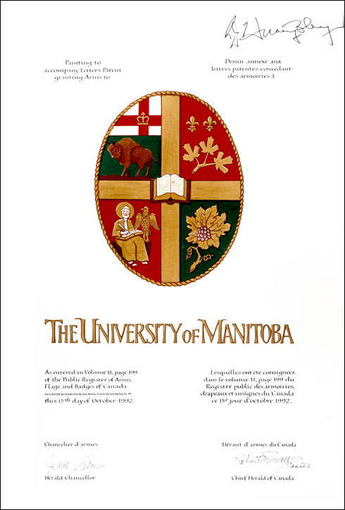 Lettres patentes concédant des emblèmes héraldiques à The University of Manitoba