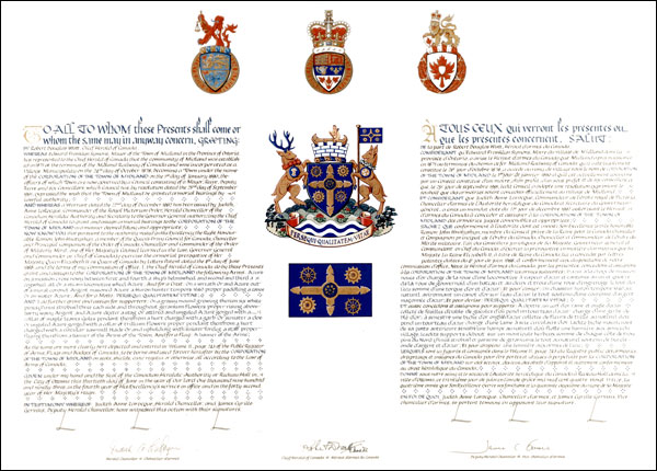 Letters patent granting heraldic emblems to the Corporation of the Town of Midland