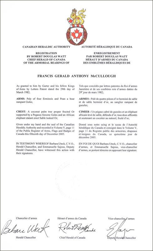 Lettres patentes enregistrant les emblèmes héraldiques de Francis Gerald Anthony McCullough