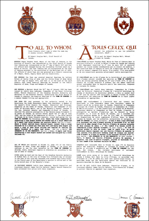 Letters patent registering the heraldic emblems of the Town of Cobourg