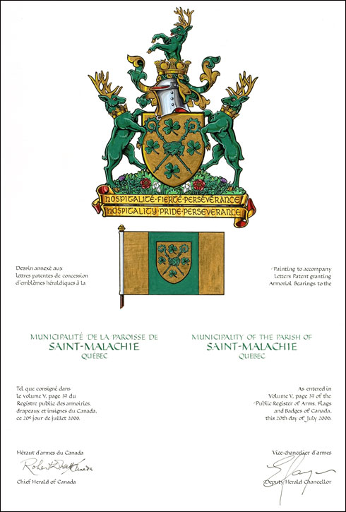 Lettres patentes concédant des emblèmes héraldiques à la Municipalité de la paroisse de Saint-Malachie