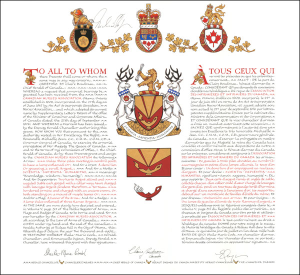 Letters patent granting heraldic emblems to the Canadian Nurses Association