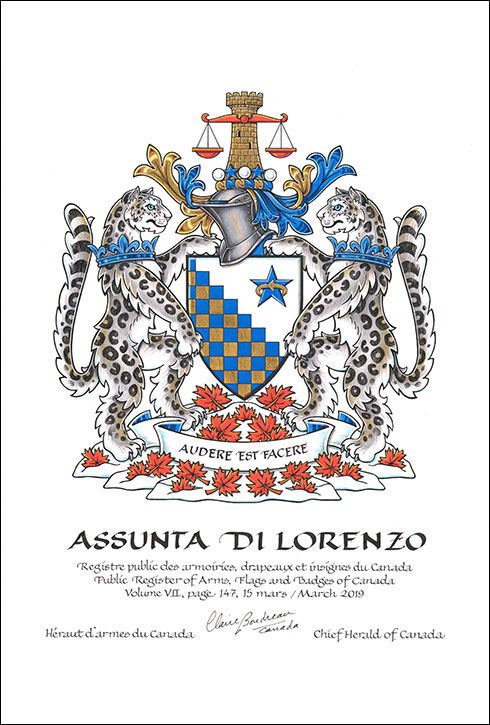 Letters patent granting heraldic emblems to Assunta Di Lorenzo