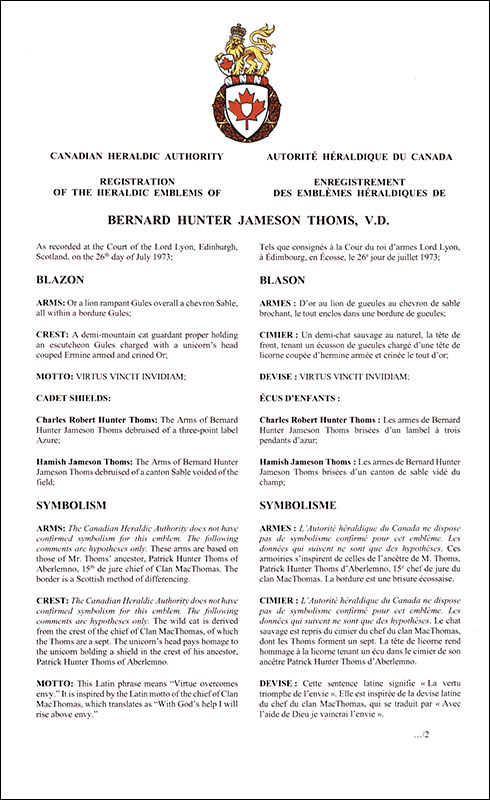 Lettres patentes enregistrant les emblèmes héraldiques de Bernard Hunter Jameson Thoms