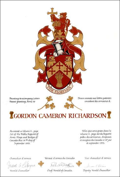 Letters patent granting heraldic emblems to Gordon Cameron Richardson