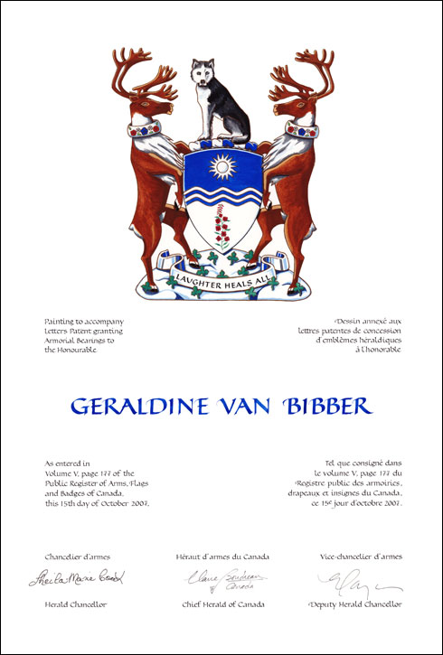 Letters patent granting heraldic emblems to Geraldine Van Bibber