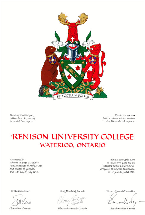 Lettres patentes concédant des emblèmes héraldiques au Renison University College