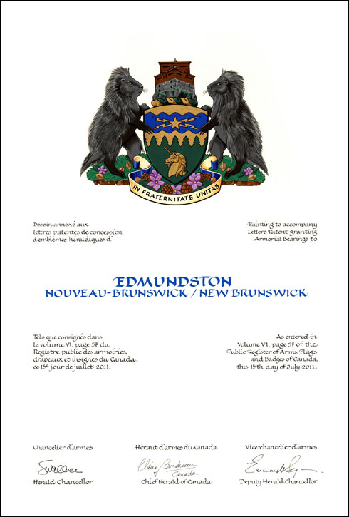 Lettres patentes concédant des emblèmes héraldiques à Edmundston