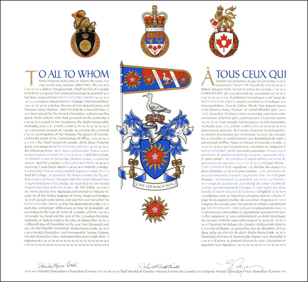 Letters patent granting heraldic emblems to Keith William James