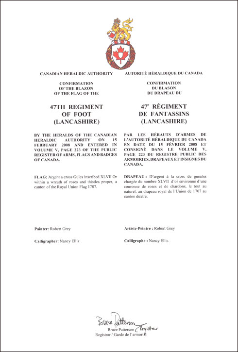 Lettres patentes confirmant le blasonnement du drapeau du 47e Régiment de fantassins (Lancashire)