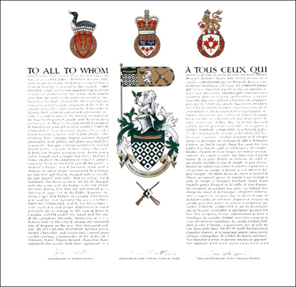 Letters patent granting heraldic emblems to Lionel Findlay Conacher