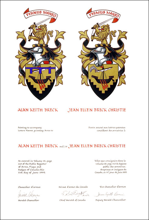 Lettres patentes concédant des armoiries brisées à Alan Keith Breck et à Jean Ellen Breck Christie