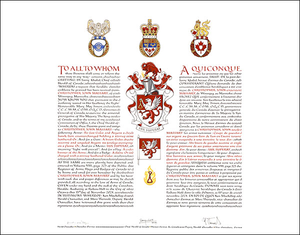 Lettres patentes concédant des emblèmes héraldiques à Christopher John Massart