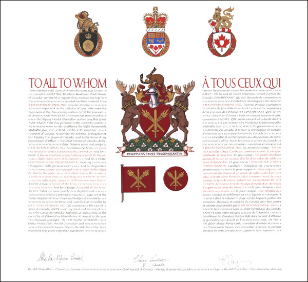 Letters patent granting heraldic emblems to S B R International Inc.