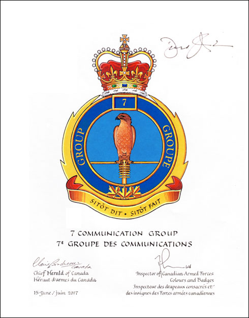 Lettres patentes approuvant l’insigne du 7e Groupe des communications