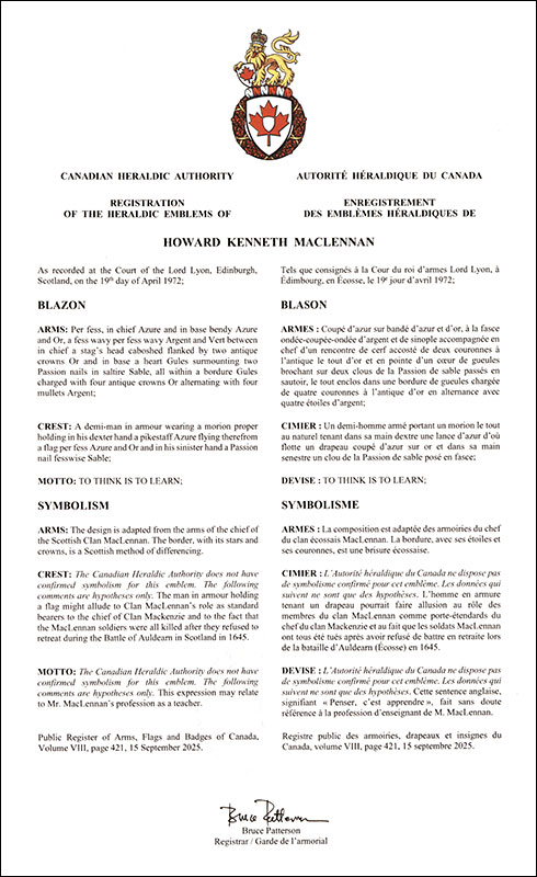 Lettres patentes enregistrant les emblèmes héraldiques de Howard Kenneth MacLennan